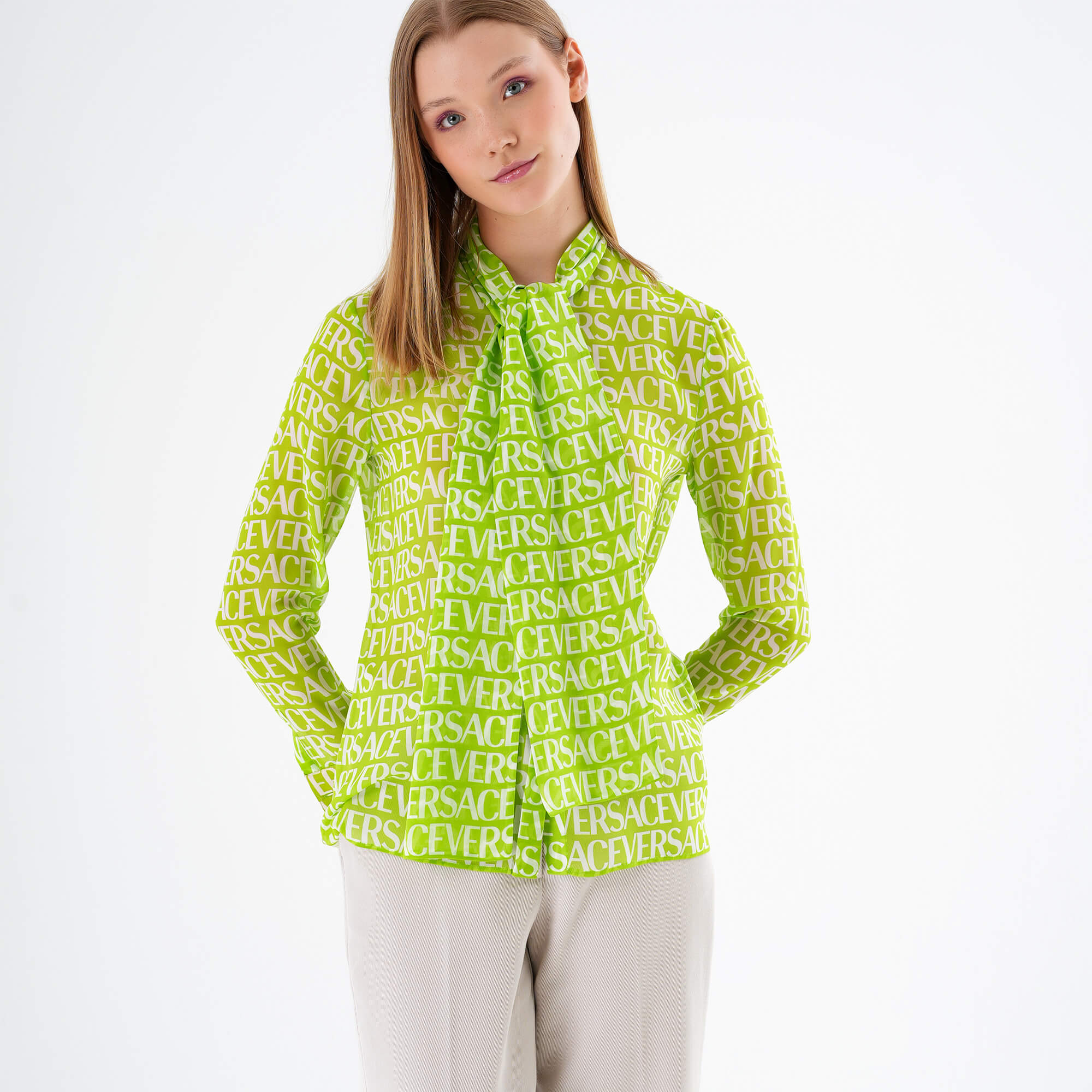 Versace - Logo Printed Silk Chiffon Blouse in Green IT42